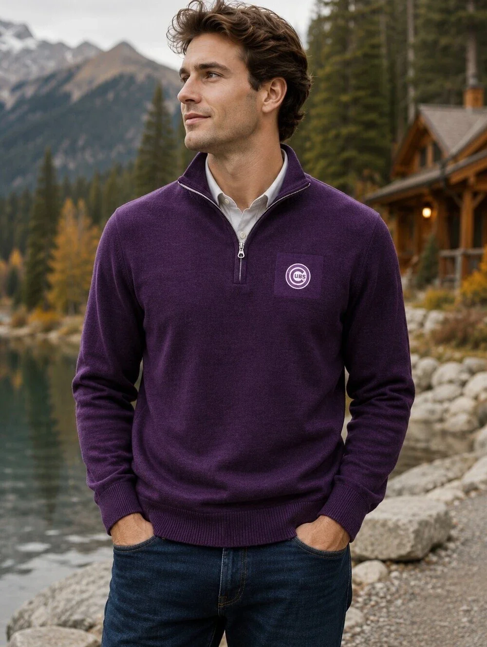 Full Turn Medium $198 Chicago Cubs Purple Loro Piana Merino Wool Quarter Zip